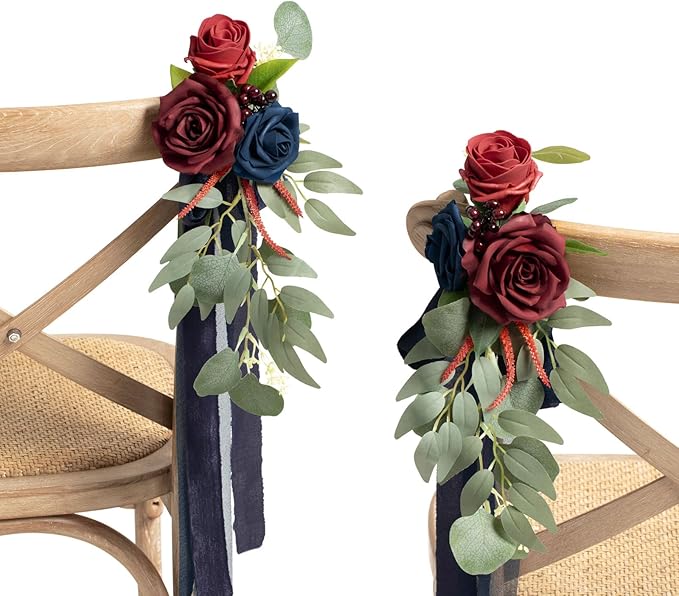 Ling's moment 8pcs Wedding Artificial Aisle Pew Flowers Chair Decorations Arrangements with Chiffon Ribbons Burgundy Navy Blue for Ceremony Chair Back Floral Decor Reception Church Party Outdoor