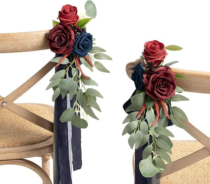 Ling's moment 8pcs Wedding Artificial Aisle Pew Flowers Chair Decorations Arrangements with Chiffon Ribbons Burgundy Navy Blue for Ceremony Chair Back Floral Decor Reception Church Party Outdoor