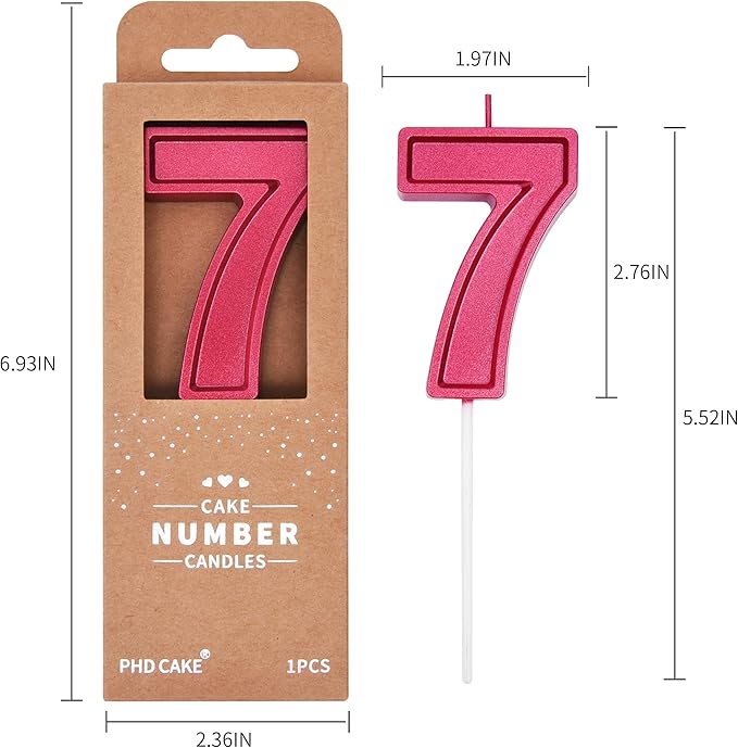 PHD CAKE Luxe Red 7 Number Birthday Candle, 2.76 Inch, Red, Modern, Long Burn, Smokeless, Unscented