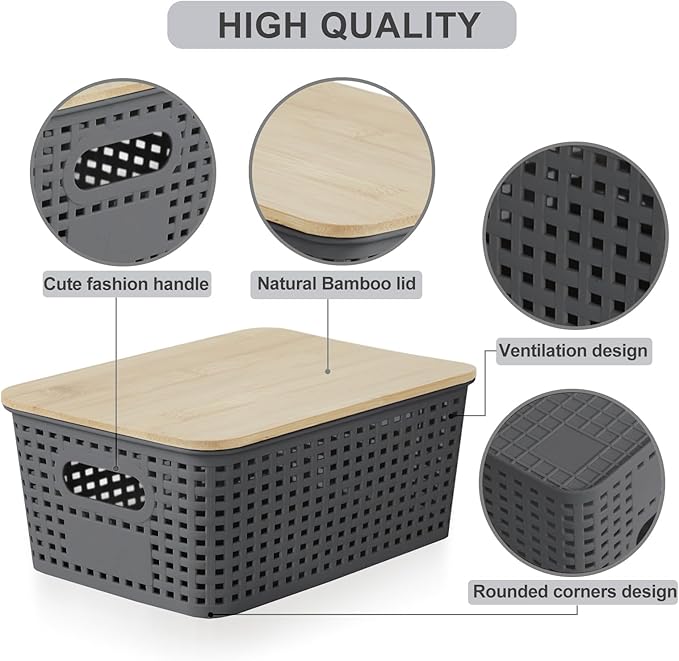 Small Plastic Storage Bins with Bamboo Lids 5.2qt Stackable Box Basket Pantry Decorative Containers Cute with Lable for Organizing Desktop Closet Office Gray of 6 packs 10 * 7.2 * 4.1"