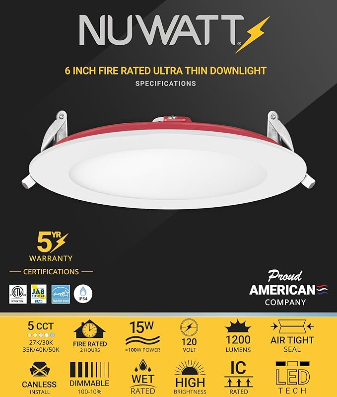 NUWATT 2 Hour Fire Rated Recessed Lighting 6 Inch Wafer LED Lights, 2700K/3000K/3500K/4000K/5000K Selectable, Dimmable 1200LM, 15W, Wet & IC Rated, 90 CRI Canless Light, No Tenmat Needed, ETL, 6 Pack
