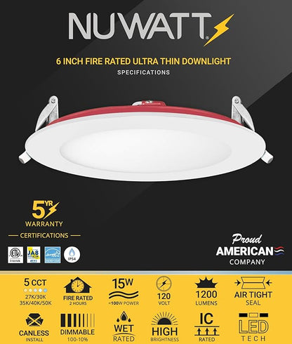 NUWATT 2 Hour Fire Rated Recessed Lighting 6 Inch Wafer LED Lights, 2700K/3000K/3500K/4000K/5000K Selectable, Dimmable 1200LM, 15W, Wet & IC Rated, 90 CRI Canless Light, No Tenmat Needed, ETL, 6 Pack