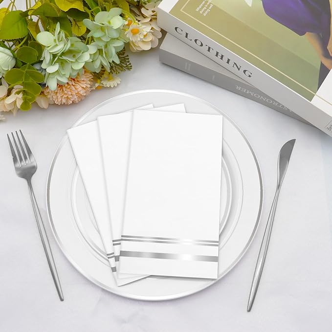 100 Pcs White and Silver Napkins - Silver Paper Napkins Disposable - Premium Quality Silver Dinner Napkins for Bathroom Kitchen Wedding Birthday Anniversary Party