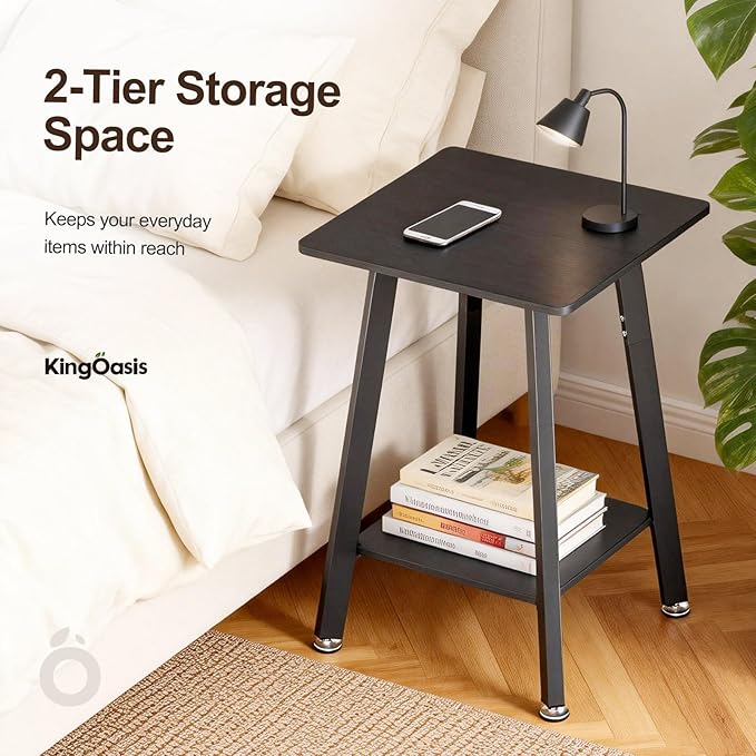 King Oasis 2-Tier End Table, Wooden Side Table with Storage Shelf, Sturdy Couch Sofa Side Table for Living Room Bedroom,Black