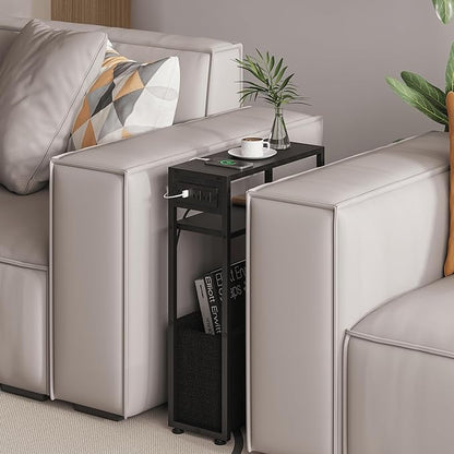 Narrow Side Table with Charging Station, Slim End Tables with Linen Basket, Skinny Table for Small Spaces, Thin Bedside Table for Living Room, Bedroom