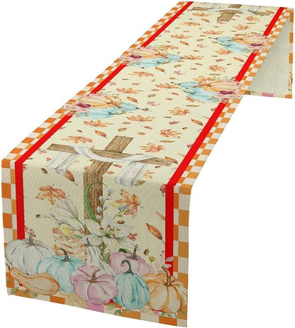 Watercolor Pumpkin Table Runner Fall Flowers Falling Leaves Cross Harvest Season Thanksgiving Rustic Home Decor for Farmhouse Indoor Outdoor Party Holiday Dining Kitchen Restaurant Cafe W13xL72in