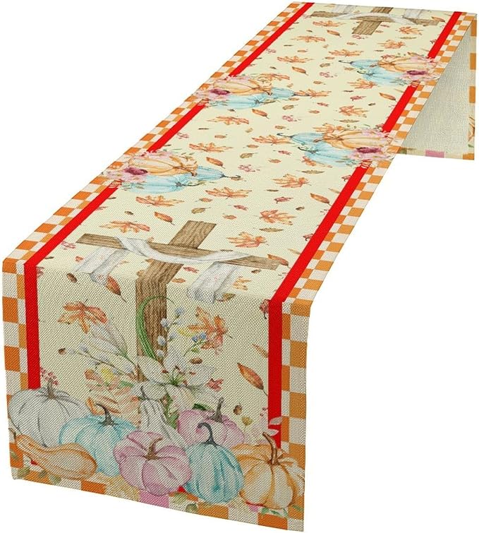 Watercolor Pumpkin Table Runner Fall Flowers Falling Leaves Cross Harvest Season Thanksgiving Rustic Home Decor for Farmhouse Indoor Outdoor Party Holiday Dining Kitchen Restaurant Cafe W13xL36in