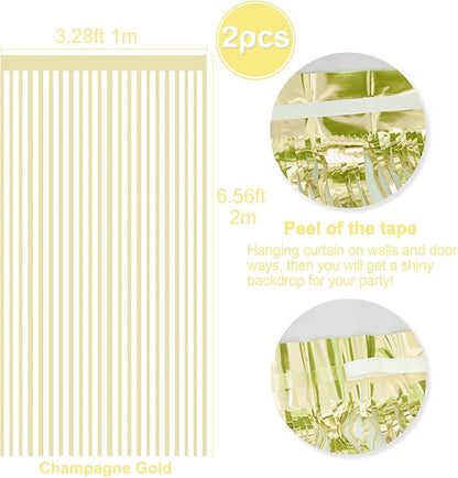 Metallic Tinsel Foil Fringe Curtains Backdrop Champagne Gold, 2 Pcs 3.28 ft x 6.56 ft Streamers for Birthday Party Graduation New Years Indoor Outdoor Photo Booth Windows Decorations Supplies