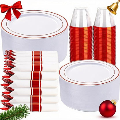 WELLIFE 350 Pcs Red Plastic Plates for 50 Guests - Plastic Dinnerware Set,Christmas Party Supplies Includes 100 Red Disposable Plates,150 Silverware,50 Napkins,50 Cups,Christmas plastic plates