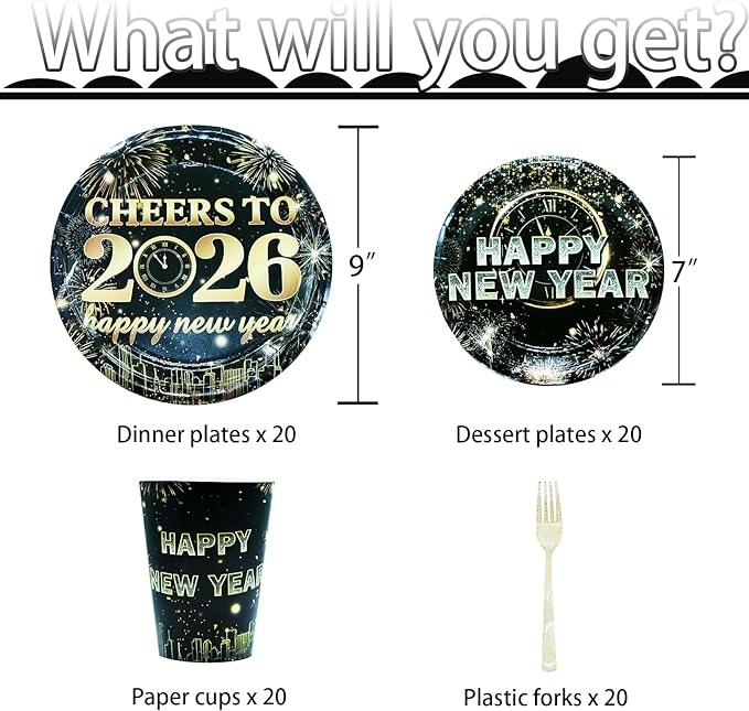 New Year Party Supplies Serves 20, Cheers to 2026 New Year Decorations Napkins and Plates Set, Disposable Paper Plates, Cups, Napkins Tableware Set for Party