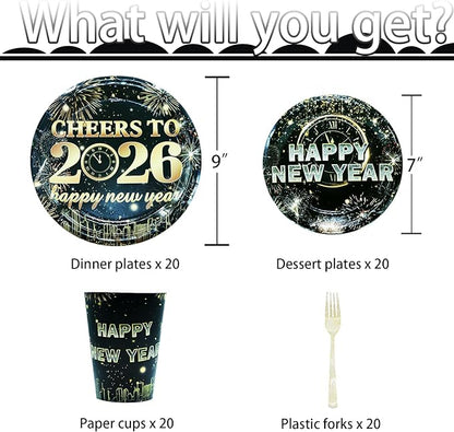 New Year Party Supplies Serves 20, Cheers to 2026 New Year Decorations Napkins and Plates Set, Disposable Paper Plates, Cups, Napkins Tableware Set for Party