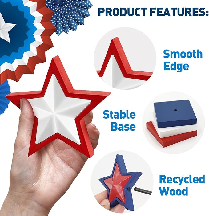 4th of July Table Decorations Accessories: 3 PCS Red White and Blue Wooden Star Signs for Home, Patriotic Wood Star Decor for Independence Day Party Favors Supplies, Rustic Tiered Tray Decor