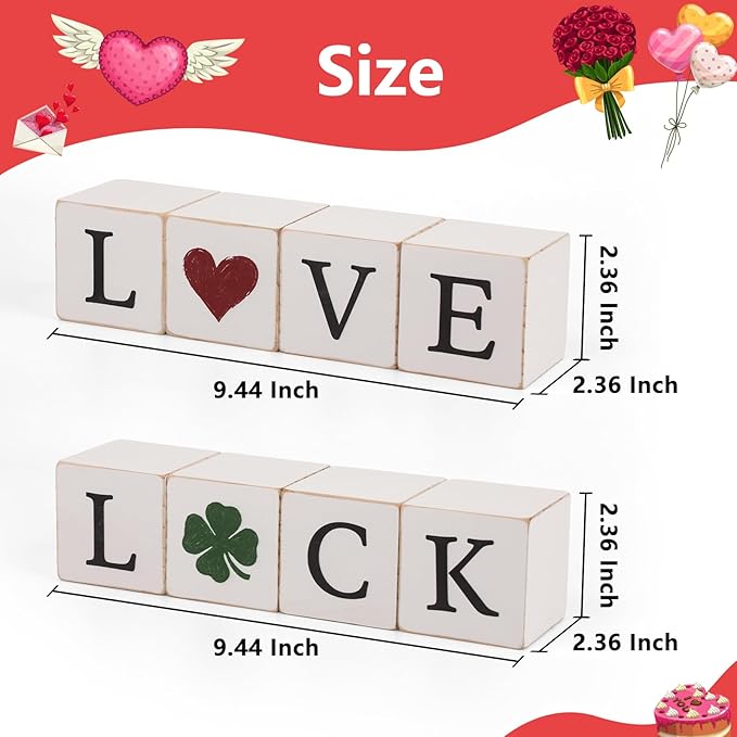 4pcs Reversible Valentines Day St. Patrick's Day Decorations Rustic Love Luck Wooden Blocks Tiered Tray Decor Love Sign Tabletop Centerpieces for Anniversary Home Mantle Shelf Party Supplies