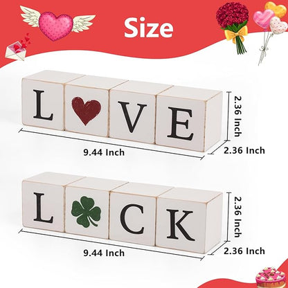 4pcs Reversible Valentines Day St. Patrick's Day Decorations Rustic Love Luck Wooden Blocks Tiered Tray Decor Love Sign Tabletop Centerpieces for Anniversary Home Mantle Shelf Party Supplies
