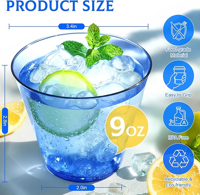 150 Pack Plastic Cups 9 oz Royal Blue Clear Plastic Cups for Cocktail Fancy Disposable Cup for Party Stemless Wine Glasses for Wedding Thanksgiving Christmas Party Graduation