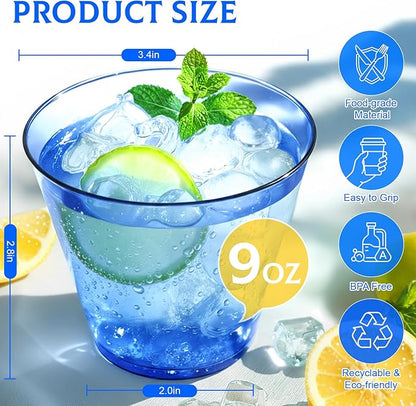 150 Pack Plastic Cups 9 oz Royal Blue Clear Plastic Cups for Cocktail Fancy Disposable Cup for Party Stemless Wine Glasses for Wedding Thanksgiving Christmas Party Graduation