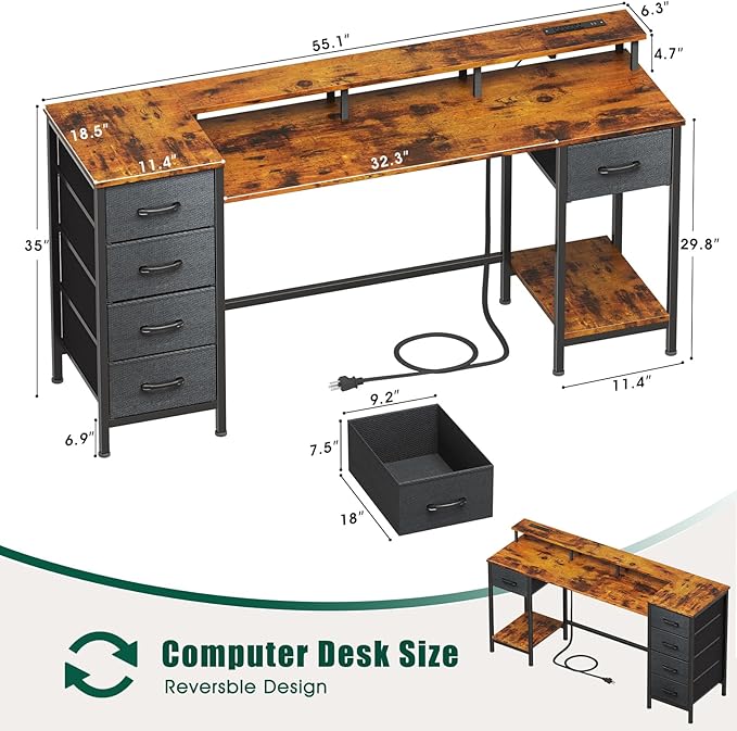 55 Inch Gaming Desk with Power Outlets and LED Lights, Reversible Computer Desk with 5 Fabric Storage Drawers, Home Office Desk with Monitor Stand for Working Writing Study, Rustic Brown