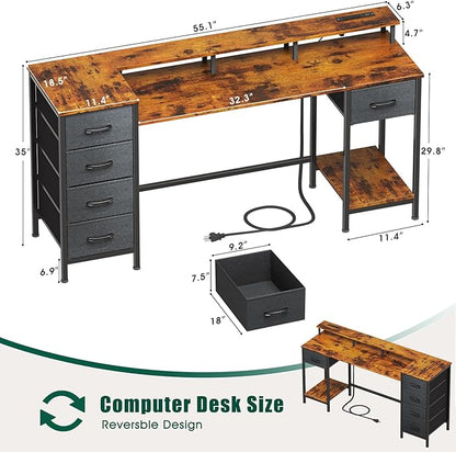 55 Inch Gaming Desk with Power Outlets and LED Lights, Reversible Computer Desk with 5 Fabric Storage Drawers, Home Office Desk with Monitor Stand for Working Writing Study, Rustic Brown