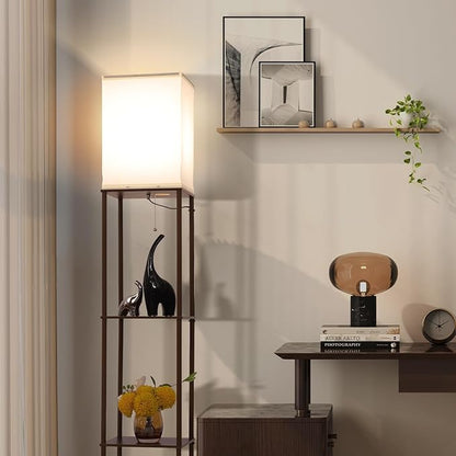Floor Lamp with Shelves, Modern Square Standing Lamp with 3 Color Temperature Bulb, Corner Display Bookshelf Lamp for Living Room, Bedroom and Office (Brown-9)
