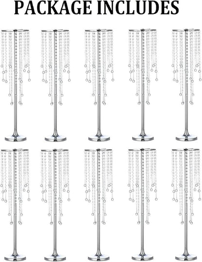 10 Pcs Tall Elegant Wedding Centerpiece Stand, Silver Metal Flower Candle Holder with Chandelier Crystal,for Wedding Party Event Birthday,Valentine's Day Home Décor，29.5in