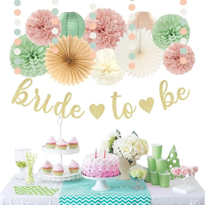 Sage-Green Pink Bridal-Shower Bachelorette Party-Decorations - 22pcs Bride To Be Banner, Beige Paper Lanterns Streamers, Tissue Pom Poms Flowers Fans Favors Wedding Decor Supplies Hugmoon