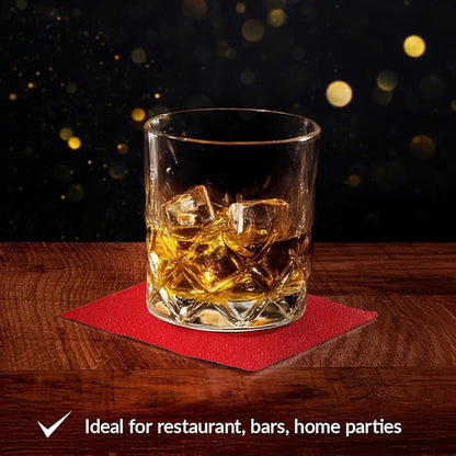 PAW - 100-Pack Disposable Linen-Feel Cocktail Napkins 4" x 4", Red Premium Paper Desert Napkins for Parties, Events, Elegant Cloth-Like Beverage Napkins For Bars, Restaurants, Catereres