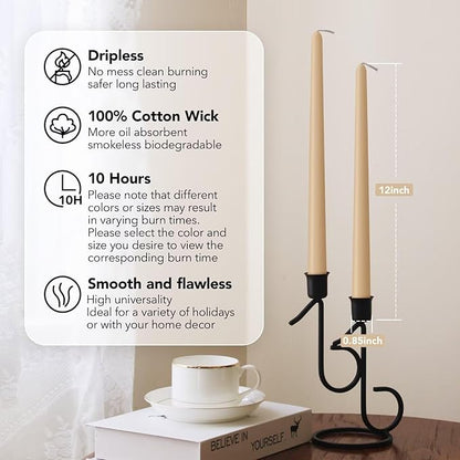New Burning Formula Unscented Dripless 12-Inch Taper Candles Set of 12 - Beige, for Wedding, Dinner - Smokeless, Long Burning - Hand Poured, Colored Tall Candlesticks - Beige