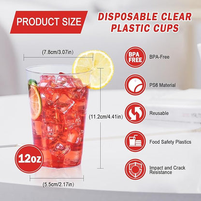 100 Pack 12 oz Clear Plastic Cups, Disposable Wine Cups for Cocktail Party, Polystyrene Hard Plastic Cup with Higher Heat Resistance(12oz 100count)