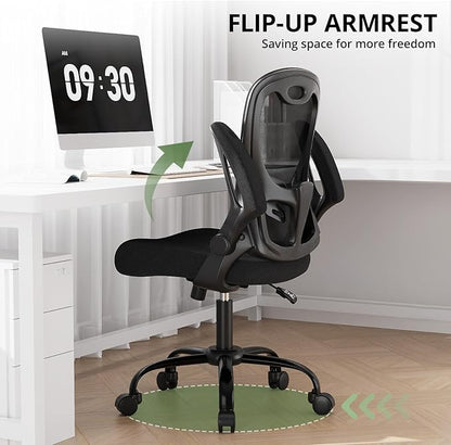 Office Chair 330 lbs Capacity, Ergonomic Breathable Mesh Desk Chair with Lumbar Support & Flip-Up Armrest, High Back Computer Chair for Home Office, Black