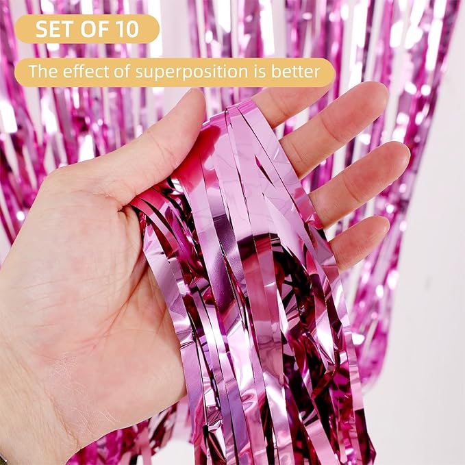 10 Pack Pink Backdrop Curtain 3.2ft x 8.2ft Metallic Tinsel Foil Fringe Curtains Photo Booth Background for Birthday Party Decoration Baby Shower Engagement Wedding Christmas Decoration (Pink)