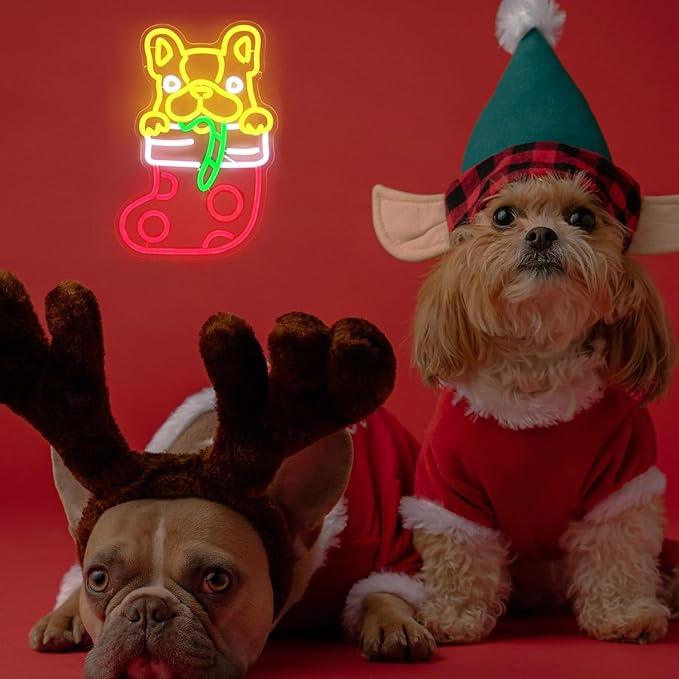 Christmas Stocking Dog Neon Sign Dimmable French Bulldog Neon Light Candy Cane LED Sign for Wall Cute Animal Neon Lights Signs for Bedroom Restaurant Pet Shop Party Christmas Decor