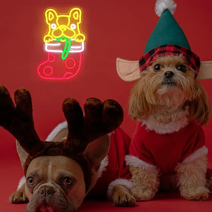 Christmas Stocking Dog Neon Sign Dimmable French Bulldog Neon Light Candy Cane LED Sign for Wall Cute Animal Neon Lights Signs for Bedroom Restaurant Pet Shop Party Christmas Decor