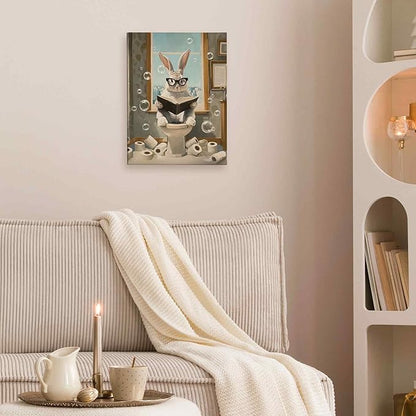 TLESKE Funny Bathroom Bunny Rabbit Wall Art Decor 11x14, Bunny Rabbit Sitting on Toilet Canvas Wall Art Print for Bathroom, Easter Bunny Wall Artwork Picture