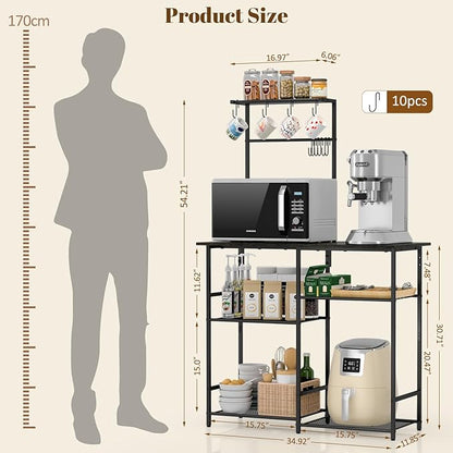Baker's Rack for Kitchen with Storage, Microwave Stand with Adjustable Shelves, Kitchen Stand with 10 S Hooks, 6-Tier Coffee Bar Station, Storage Shelves for Spices, Pots, Gray