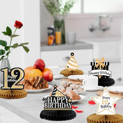 Happy 12th Birthday Decorations,12th Birthday Gold Glitter Shiny Stand Honeycomb Table Centerpieces - Cheers to Twelve Years Old Birthday Party Photoprop Gift Sign.