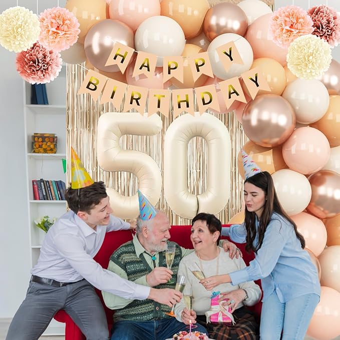 Beige 50th Birthday Decorations for Women Cream Number 50 Balloon Nude Gold Happy Birthday Banner Fringe Curtain Paper Pom Poms Blush White Sand Champagne Star Foil Balloons Neutral Boho Party Decor