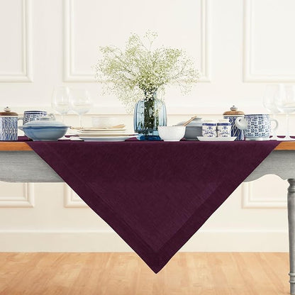 Solino Home Linen Tablecloth 52 x 52 Inch - 100% Pure Linen Square Table Throw - Athena, Machine Washable Chambray Burgundy Tablecloth for Fall, Autumn, Christmas, Holiday, Winter, New Year