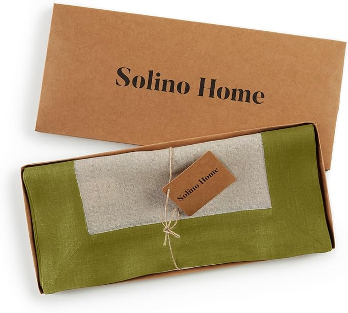 Solino Home Linen Table Runner 72 Inches Long - 100% Pure Linen Avocado and Natural Table Runner 14 x 72 Inch for Fall, Autumn, Winter - Contempo