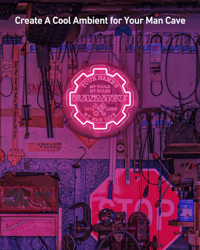 Custom Garage Neon sign for Wall Decor with Timing Remote, Personalized Gear Garage LED Neon Light for Man Cave, Home Bar, Workshop, Son Dad Birthday Gift BABY PINK