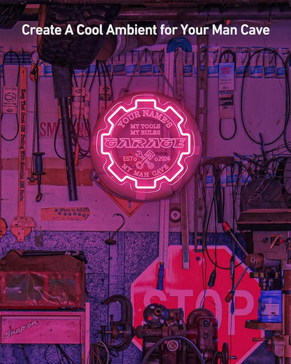 Custom Garage Neon sign for Wall Decor with Timing Remote, Personalized Gear Garage LED Neon Light for Man Cave, Home Bar, Workshop, Son Dad Birthday Gift BABY PINK
