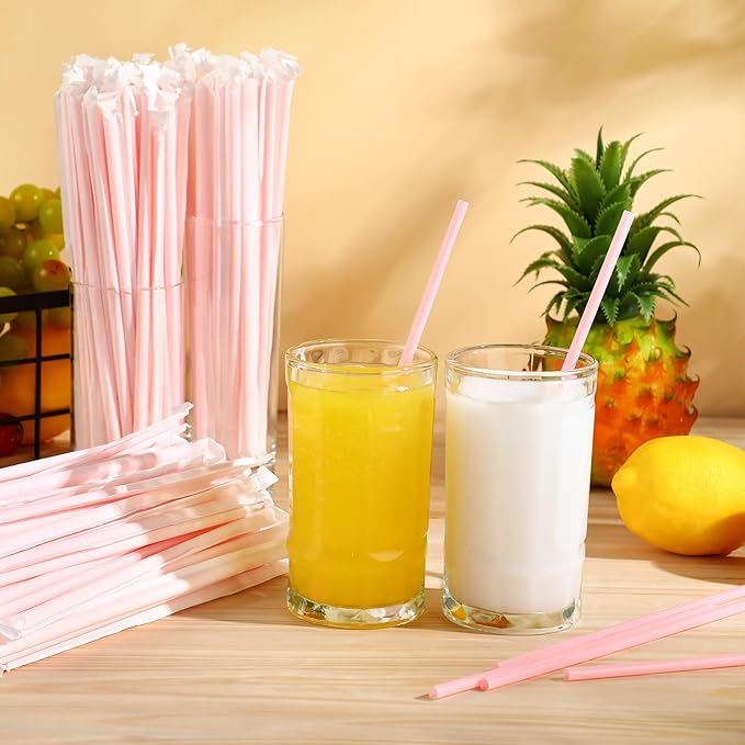 Hoolerry 2000 Pcs 8 Inch Plastic Straws Disposable Individually Wrapped Drinking Straight Long Straws, 0.24" Wide, for Hot and Cold Beverages (Pink)