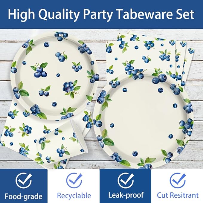 140CPS Blueberry Paper Party Supplies, Disposable Paper Blueberries Fruit Dessert Tableware Set,For Blue Berry Fruits Summer Spring Birthday Tea Party Bridal & Baby Shower Tableware