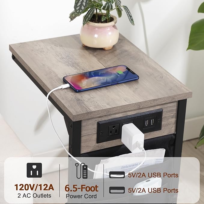 AMHANCIBLE Couch Table, C Shaped End Table with Charging Station, TV Tray Set of 2, Side Table with Storage for Couch, Grey HET04CGY-1
