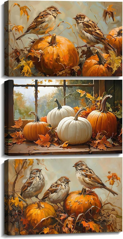 YMXDYMJSW Autumn Wall Art 3 Pieces Pumpkin with Sparrows Picture Prints Fall Harvest Birds Canvas Painting Thanksgiving Theme Artwork for Farmhouse Decor Frame (Gold,12.00" x 16.00" x 3PCS)