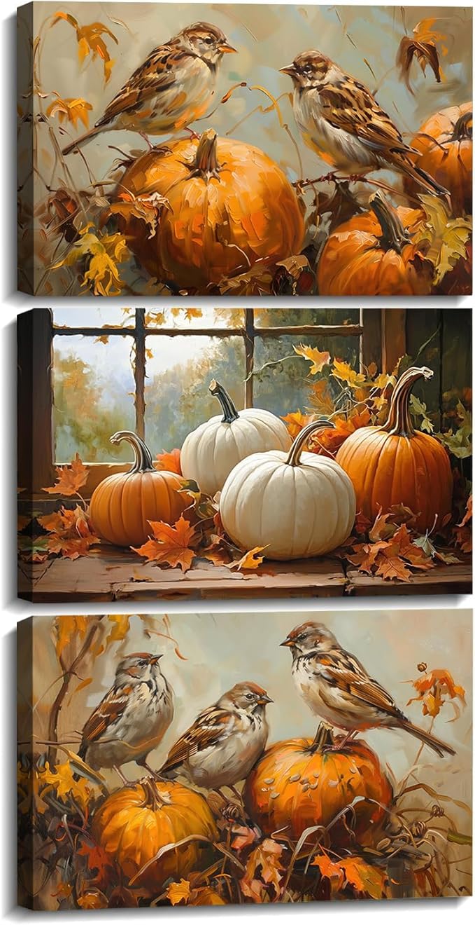 YMXDYMJSW Autumn Wall Art 3 Pieces Pumpkin with Sparrows Picture Prints Fall Harvest Birds Canvas Painting Thanksgiving Theme Artwork for Farmhouse Decor Frame (Gold,11.00" x 14.00" x 3PCS)