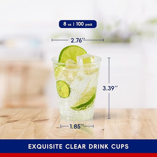 JOLLY CHEF 8 oz Clear Disposable Plastic Cups, Heavy-duty 100 Pack Clear Plastic Cups Tumblers for Wedding, Thanksgiving, Christmas, Halloween Party