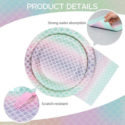 96pcs Mermaid Plates and Napkins, Mermaid Scale Paper Plates and Cups Disposable Tableware Set for 24 Guest Baby Shower Tea Kids Birthday Party Supplies Decorations