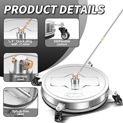 20'' Pressure Washer Surface Cleaner with 4 Wheels - Stainless Steel Surface Cleaner for Pressure Washer Attachment for Concrete, Driveway, Patio, Sidewalk, Deck and Driveways