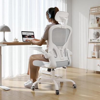 Synorla Office Chair Ergonomic Desk Chair, 330LBS Capacity, High Back Computer Design for Long Hours Comfort, Rolling Swivel for Home Office, Flip-up Armrests, White+Grey