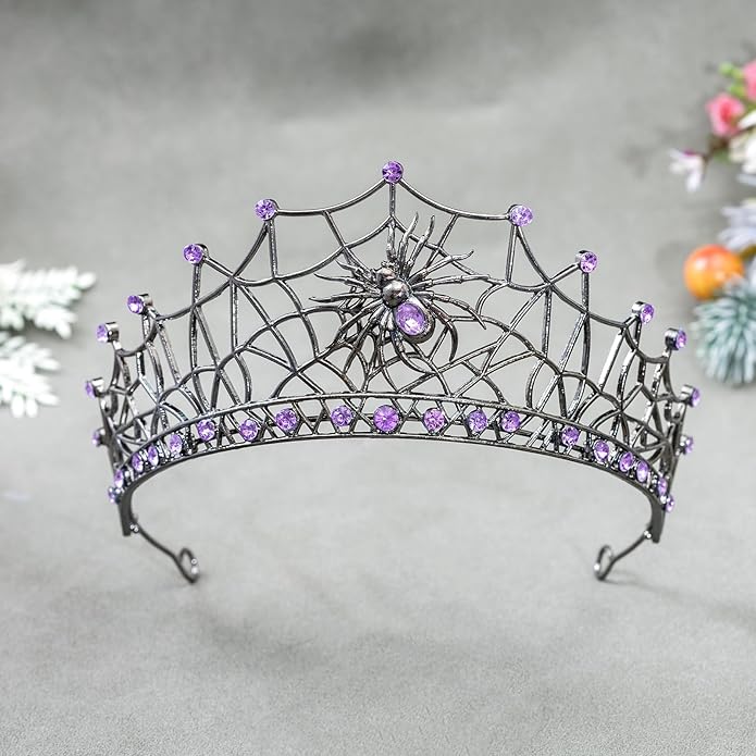 Gothic Black Spider Web Crown for Women Dark Queen Crystal Tiara Metal Headpiece Vampire Cosplay Masquerade Party Prom Night Witch Sorceress Costume Accessory